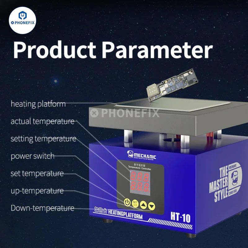 PHONEFIX Mechanic HT-10 digital PCB heating platform with constant temperature control, shown on the electronic repair workstation.