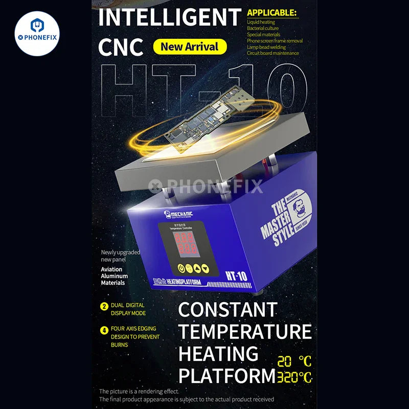 PHONEFIX Mechanic HT-10 digital PCB heating platform with constant temperature control and a sturdy, flat surface for electronic repair.
