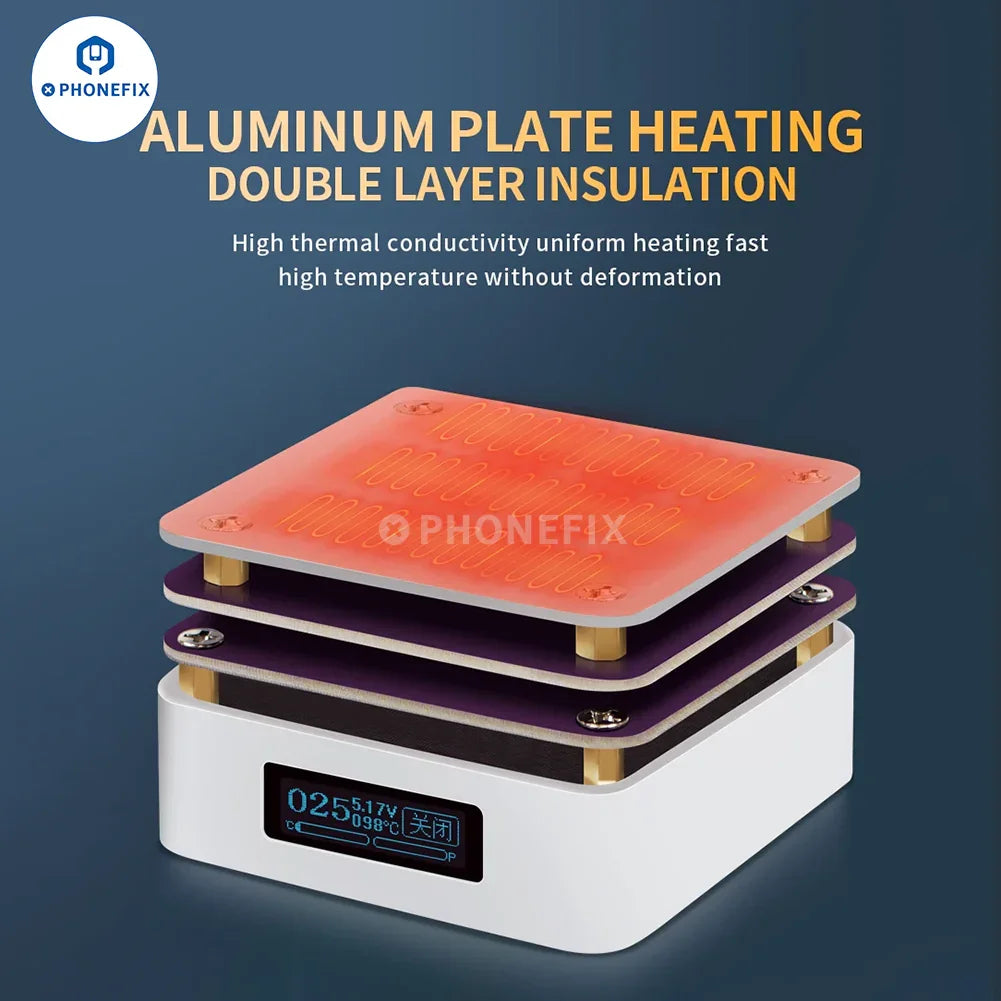 PHONEFIX Mechanic IX5 Ultra PCB heating platform for iPhone X to 15 Pro Max, used for preheating and repair tasks.