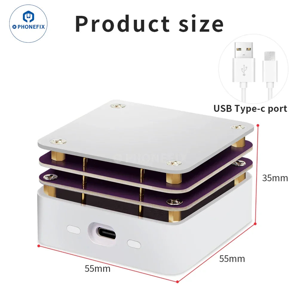 PHONEFIX Mechanic IX5 Ultra PCB heating platform for iPhone X to 15 Pro Max, showing the heated circuit board on the platform.
