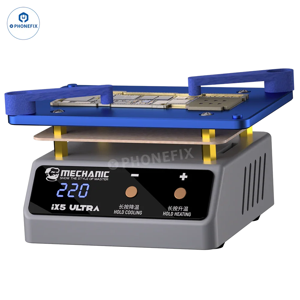 PHONEFIX Mechanic IX5 Ultra PCB heating platform for iPhone X to 15 Pro Max, used for preheating and repair of smartphones.