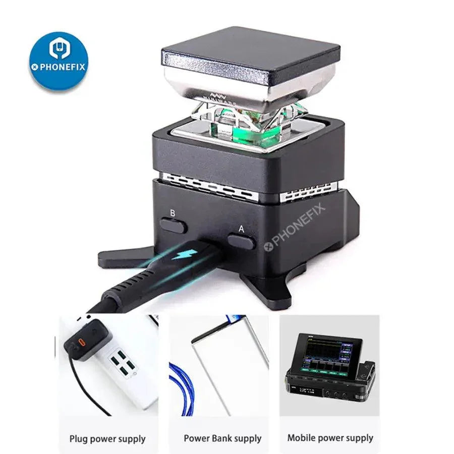 Plateforme chauffante miniature MHP30 de PHONEFIX pour le préchauffage des composants BGA et CI sur PCB, présentant une conception compacte et des éléments chauffants.