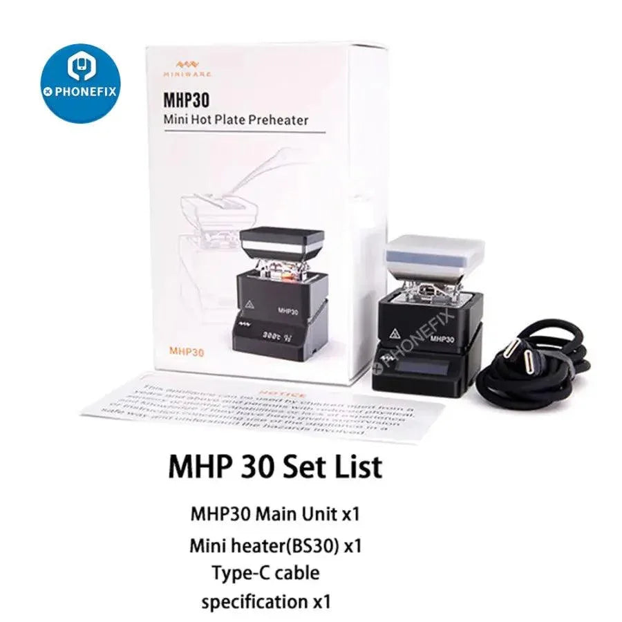 Plateforme chauffante PHONEFIX MHP30 Mini PCB pour le préchauffage des composants BGA et IC, conception compacte pour un chauffage précis des circuits imprimés.