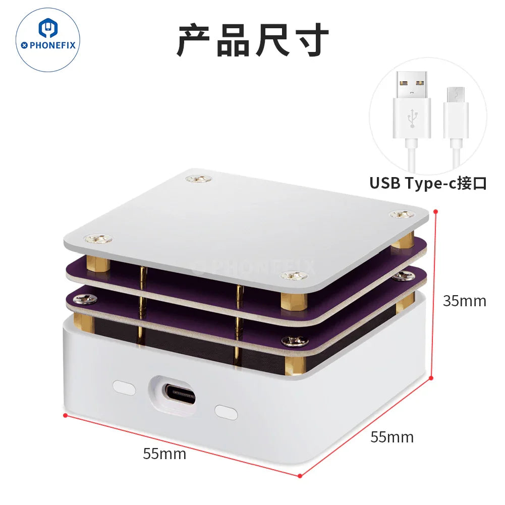 Plateforme chauffante PHONEFIX MHP30 pour mini PCB destinée au préchauffage des circuits intégrés BGA, présentée ici avec une carte de circuit imprimé prête pour le refusion des composants.