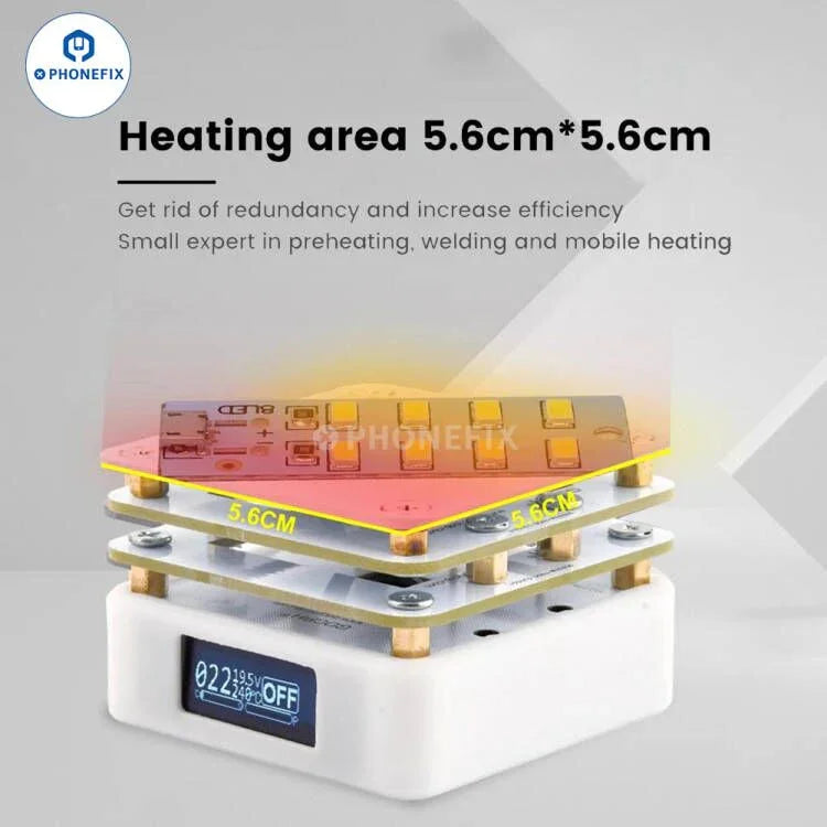 Plateforme chauffante PhoneFix MHP30 pour mini PCB, destinée au préchauffage des BGA et des circuits intégrés, avec commandes numériques et conception compacte.