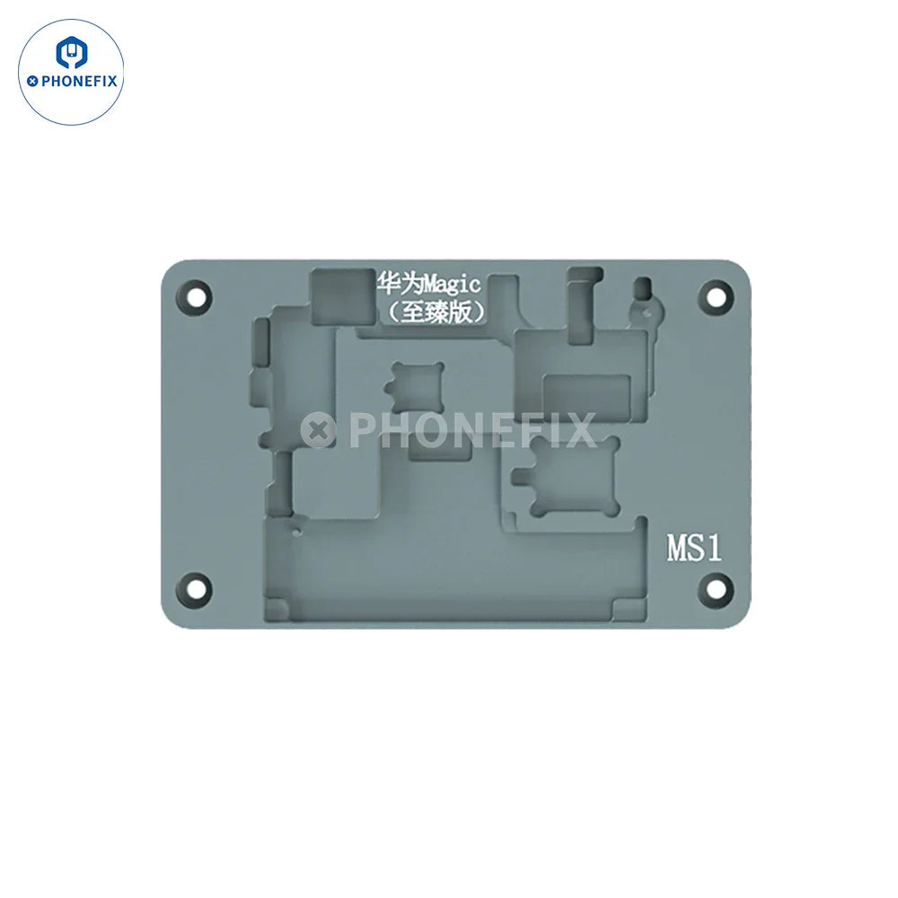 iRepair MS1 desoldering mold for iPhone X-17, Samsung, Huawei, on PHONEFIX PCB heating platform, used for electronic repairs.