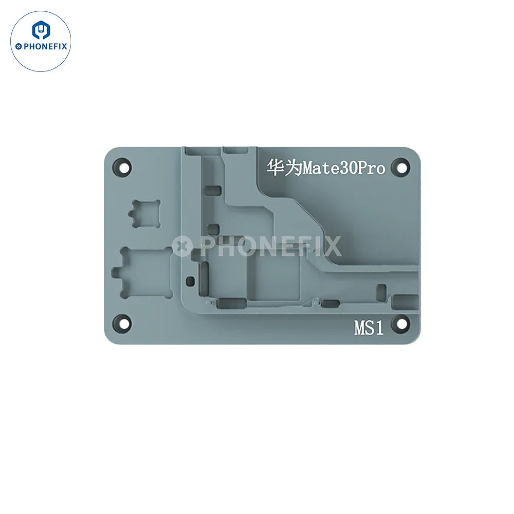 iRepair MS1 desoldering mold for iPhone X-17, Samsung, Huawei, PCB heating platform by PHONEFIX, shown with Mate 30 Pro.
