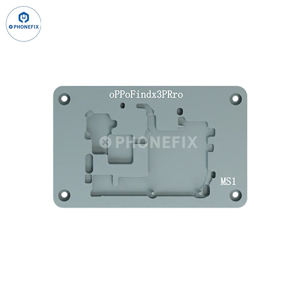 OPPO phone placed on PHONEFIX iRepair MS1 desoldering mold PCB heating platform for iPhone X-17, Samsung, Huawei, Android repair.