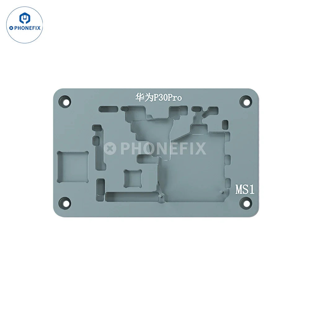 iRepair MS1 desoldering mold for iPhone X-17, Samsung, Huawei, on PHONEFIX PCB heating platform for electronic repair.