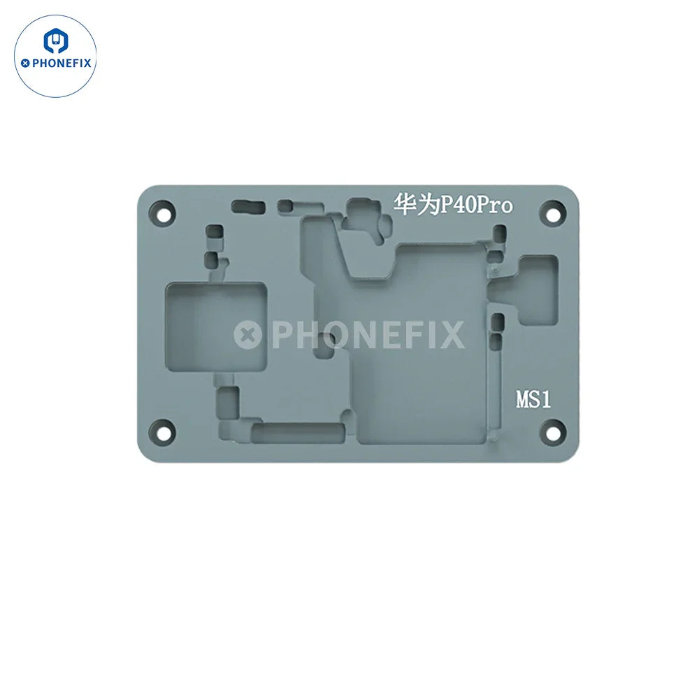 iRepair MS1 desoldering mold on PCB heating platform for iPhone X-17, Samsung, Huawei, and Android devices, by PHONEFIX.