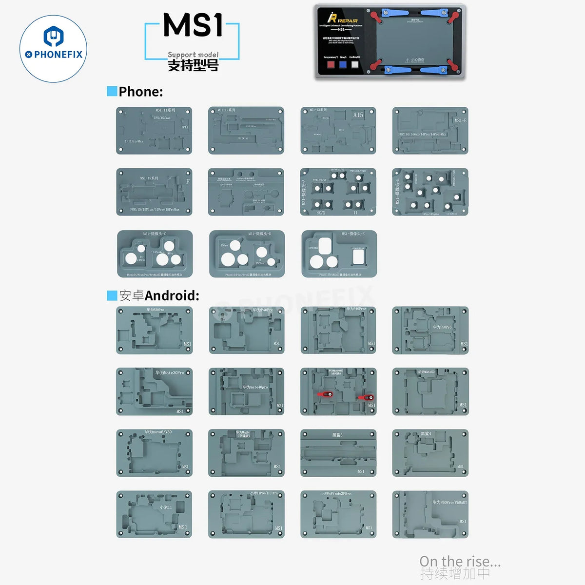 Station de préchauffage à souder PHONEFIX iRepair MS1 avec plateforme chauffante pour circuit imprimé, compatible avec les modèles iPhone X à Max, utilisée pour la réparation d'appareils.