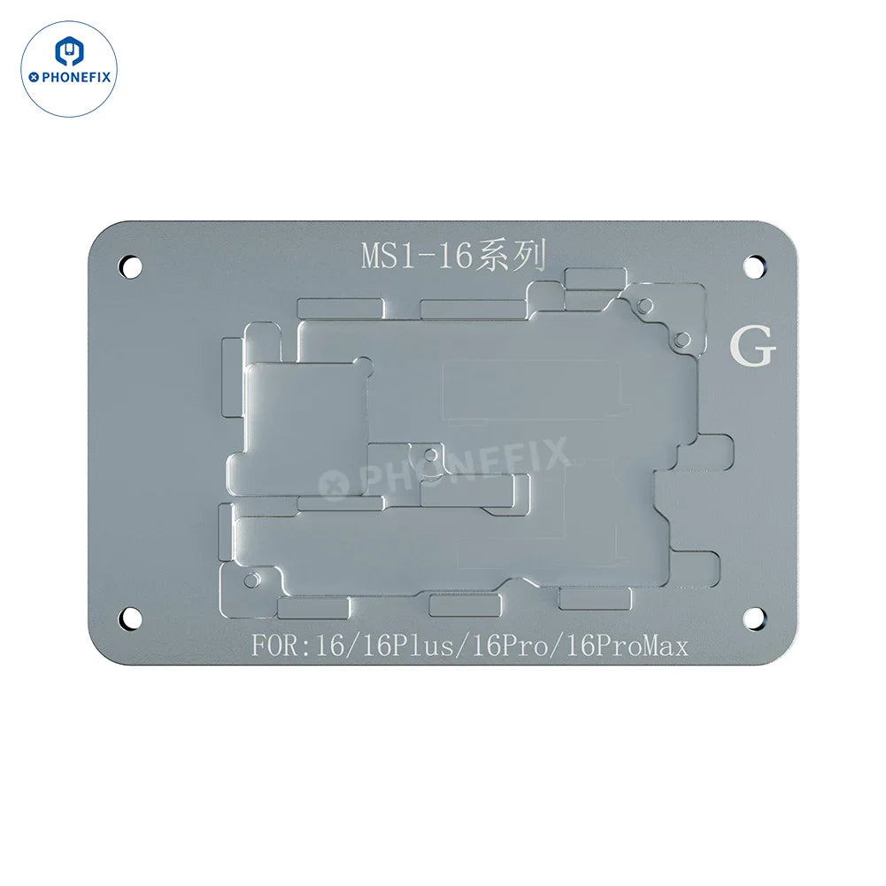 Station de préchauffage à souder PHONEFIX iRepair MS1 avec plateforme chauffante pour circuit imprimé, compatible avec les modèles iPhone X à Pro Max, utilisée pour la réparation de téléphones.
