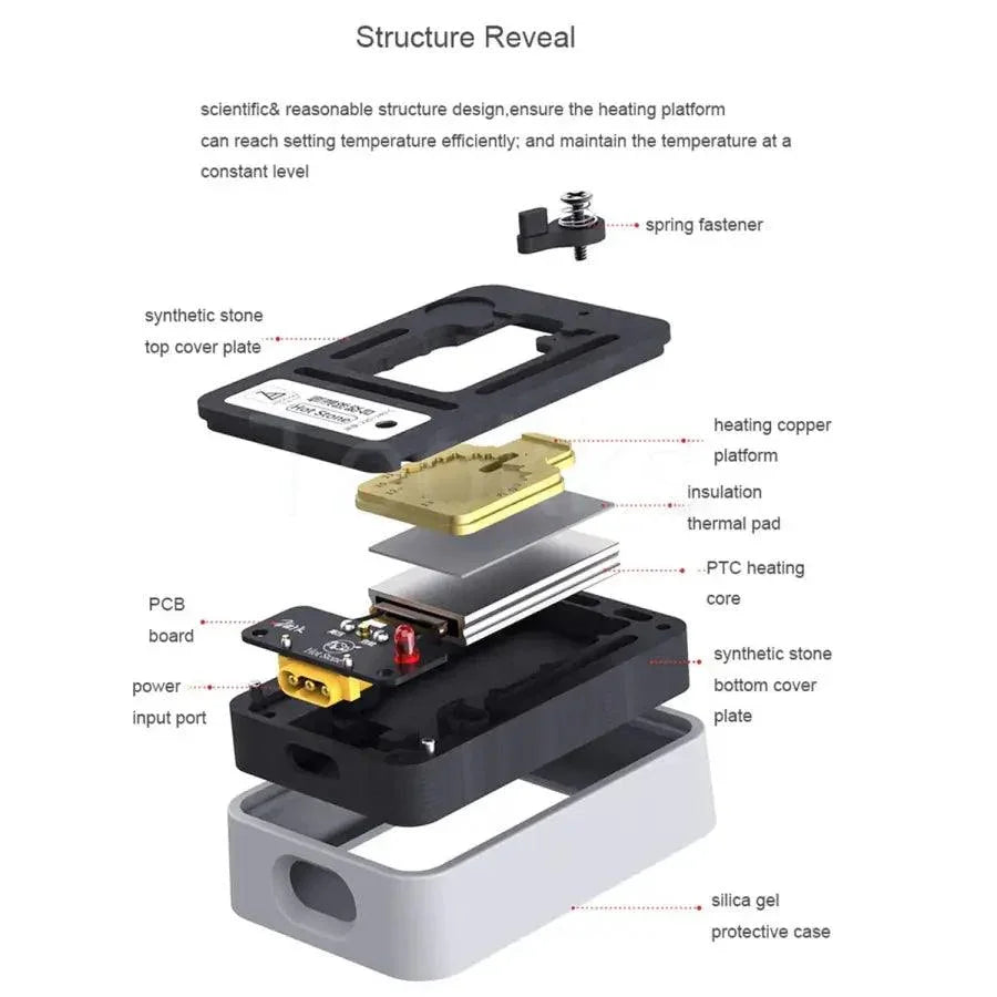 PHONEFIX PCB heating platform for Qianli Hot Stone glue removal, with thermostatic control and preheating station for electronics repair.