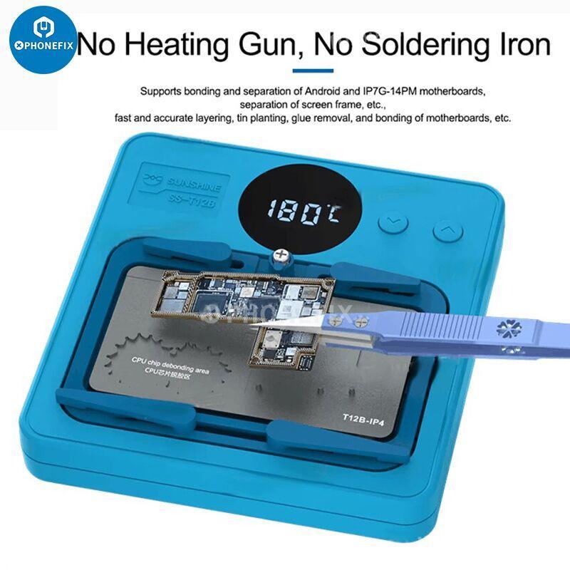 PHONEFIX SS-T12B motherboard heater platform for Android and iPhone repair, with 15-in-1 PCB heating set and 110V US plug.