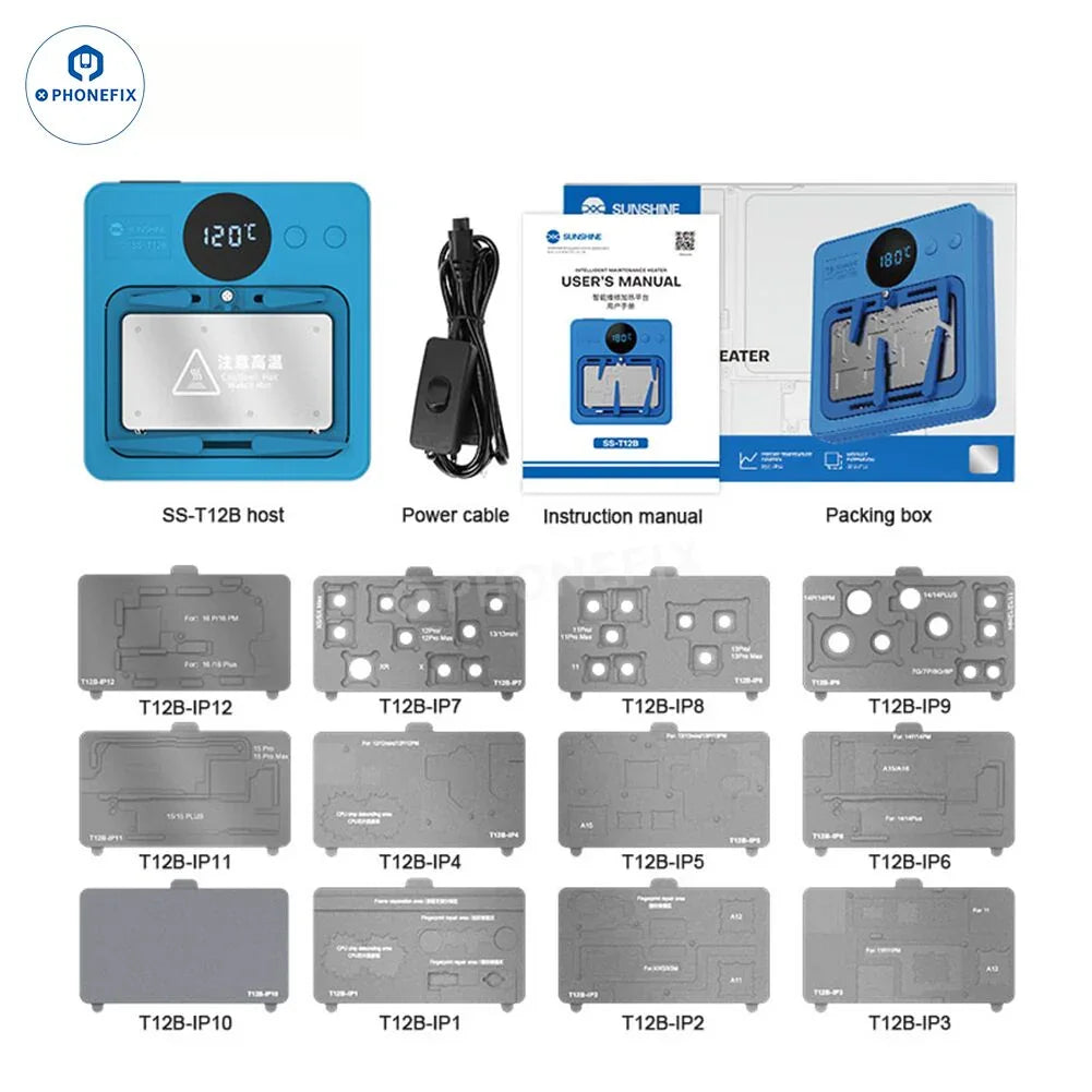 PHONEFIX SS-T12B motherboard heater platform for Android and iPhone repair, 15-in-1 PCB heating platform with US plug.