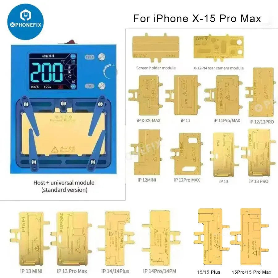 PHONEFIX JC Aixun iHeater Pro PCB heating platform for phone board desoldering, with a black heating surface and control knobs.
