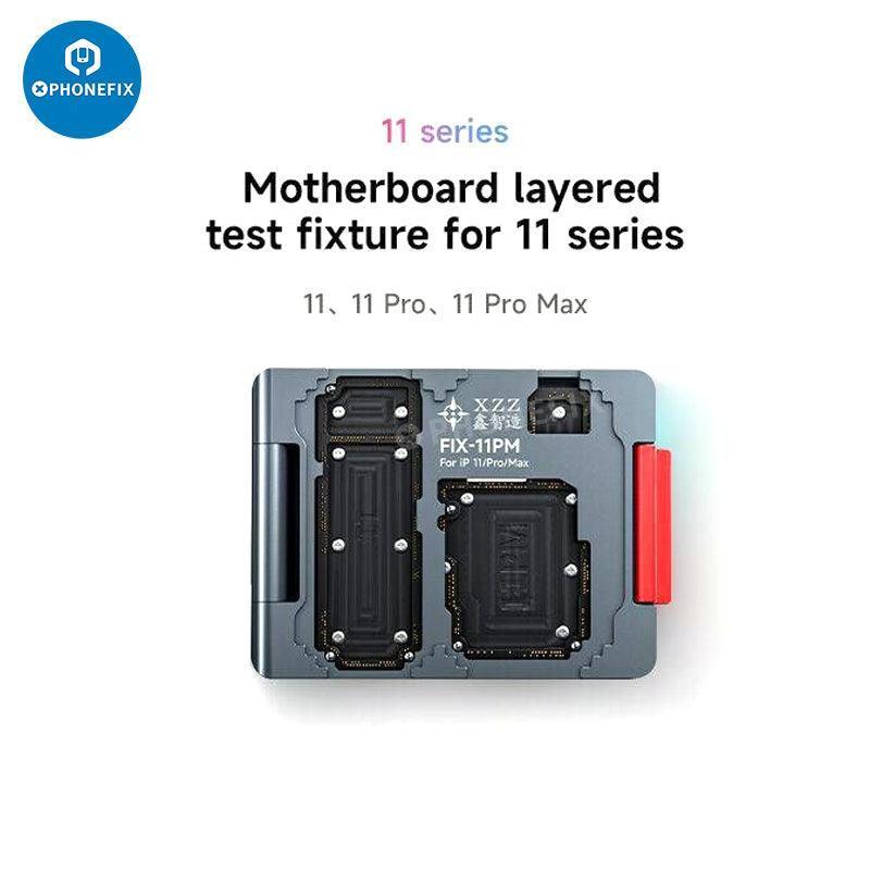 Xinzhizao iPhone PCB mid-level motherboard layer testing fixture by PHONEFIX, used for separating and inspecting PCB layers.