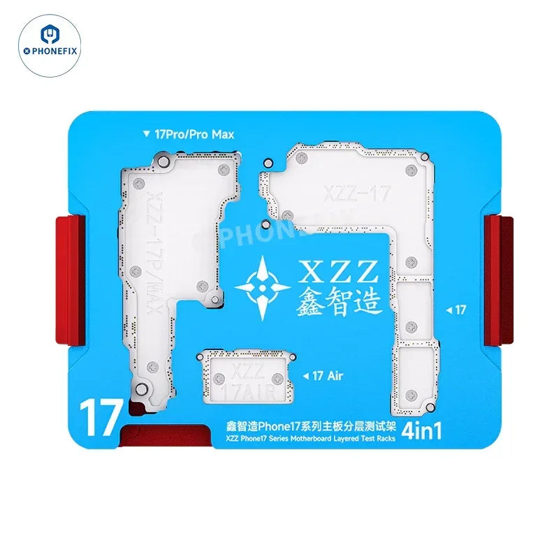 Dispositivo de prueba para placas base XZZ YCS iSocket 4 en 1 para la serie iPhone 17 de PHONEFIX, que muestra un dispositivo separador de PCB con ranuras de prueba.