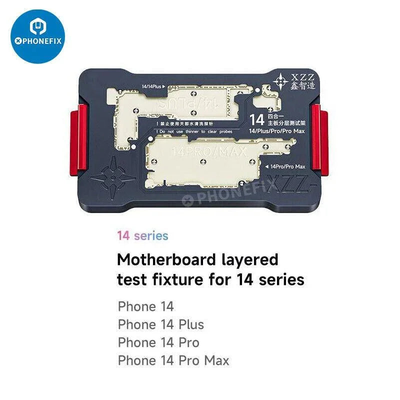 PHONEFIX iPhone X-16 Pro Max: Marco de prueba por capas para placa base, dispositivo de separación de PCB con abrazaderas metálicas y componentes de montaje.
