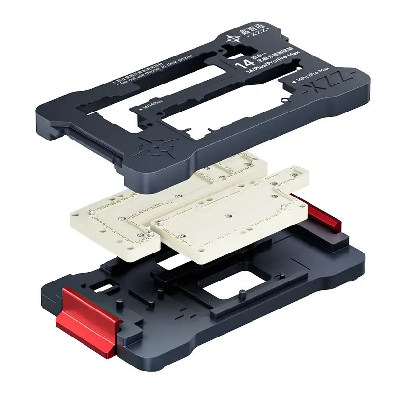 Xinzhizao 4-in-1 motherboard layered test fixture for iPhone 14 series, a PCB separating fixture by PHONEFIX, showing layered design.
