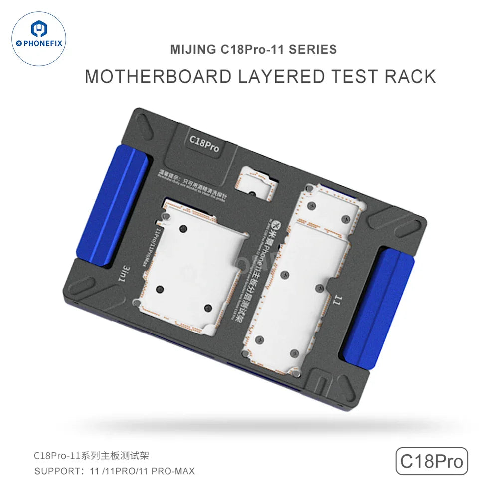 PHONEFIX MJ C18 C20 C23 C24 motherboard test fixture for iPhone X to 16 Pro Max PCB separating fixture showing fixture with device components