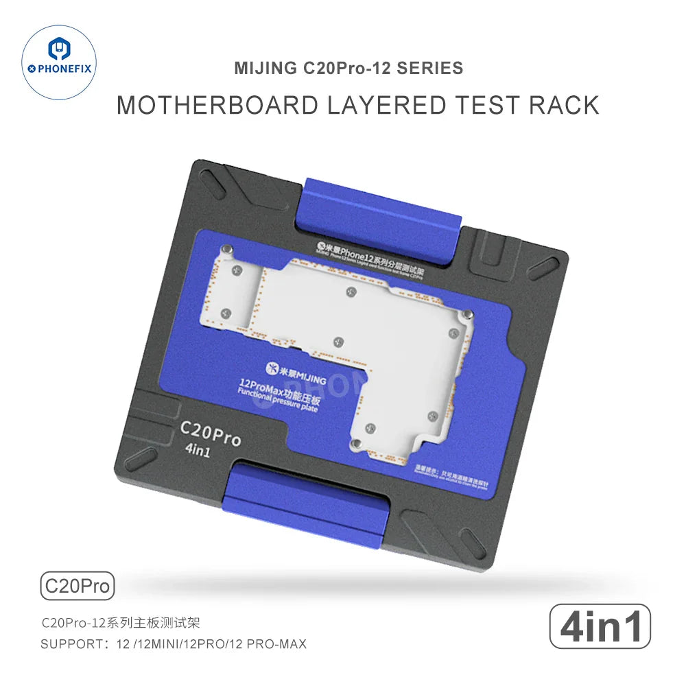 PhoneFix MJ C18 C20 C23 C24 iPhone X-16 Pro Max motherboard test fixture for PCB separation.