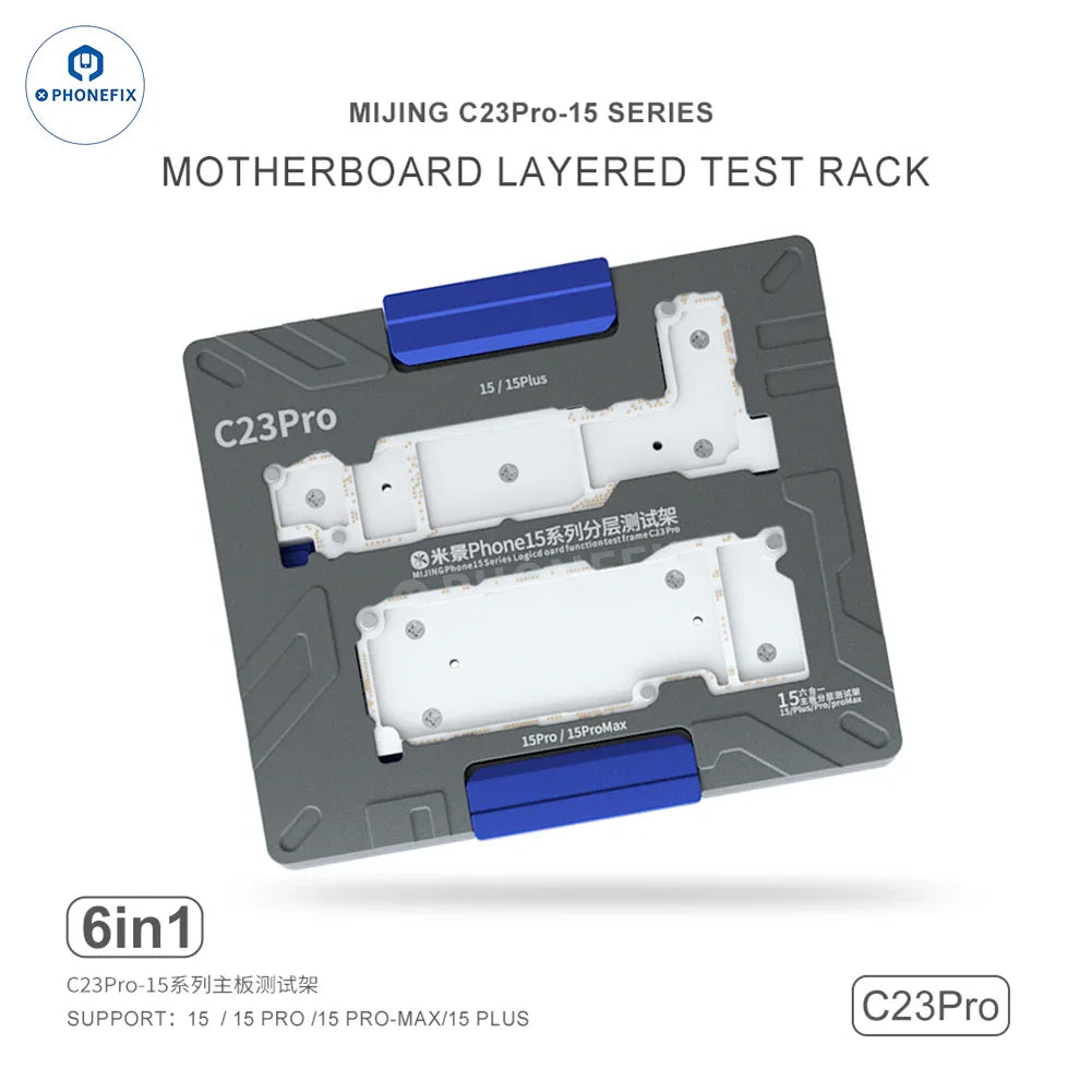 PhoneFix MJ C18 C20 C23 C24 motherboard test fixture for iPhone X and 16 Pro Max, PCB separating fixture in photo.