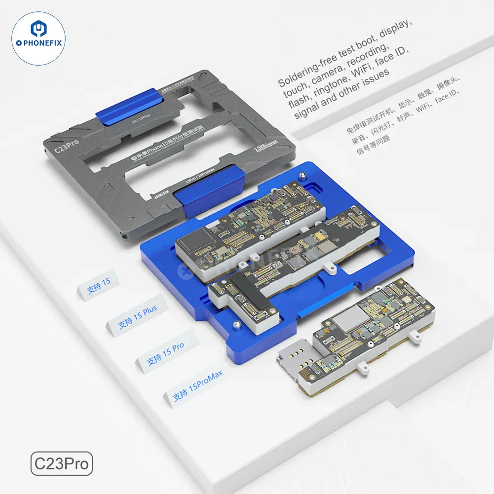 PHONEFIX MJ C18 C20 C23 C24 motherboard test fixture for iPhone X to 16 Pro Max, used for PCB separating and testing.