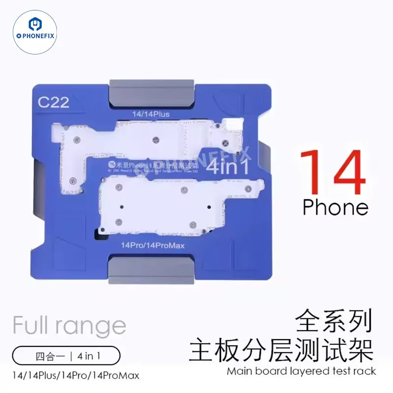 PHONEFIX MJ C18 C20 C23 C24 motherboard test fixture for iPhone X and 16 Pro Max, used for PCB separating and testing.