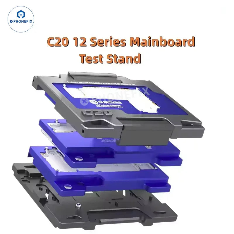 PHONEFIX MJ C20 motherboard test fixture for iPhone X, 16 Pro Max, and other models, used for PCB separation and testing.