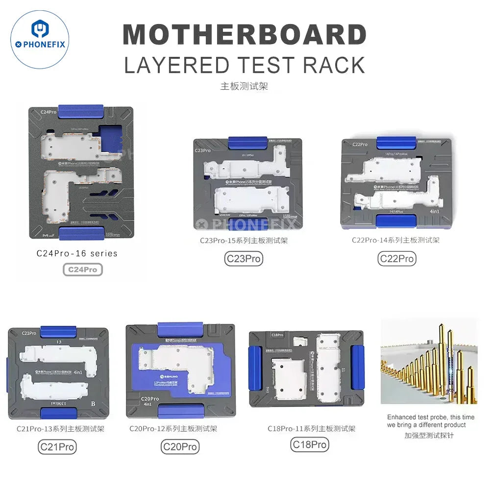 MJ C18 C20 C23 C24 motherboard test fixture for iPhone X-16 Pro Max, designed for PCB separation by PHONEFIX.