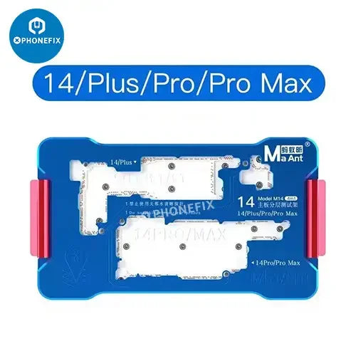 MaAnt M14 4-in-1 motherboard layered test fixture for iPhone 14 series, a PCB separating fixture by PHONEFIX, used for electronics testing.