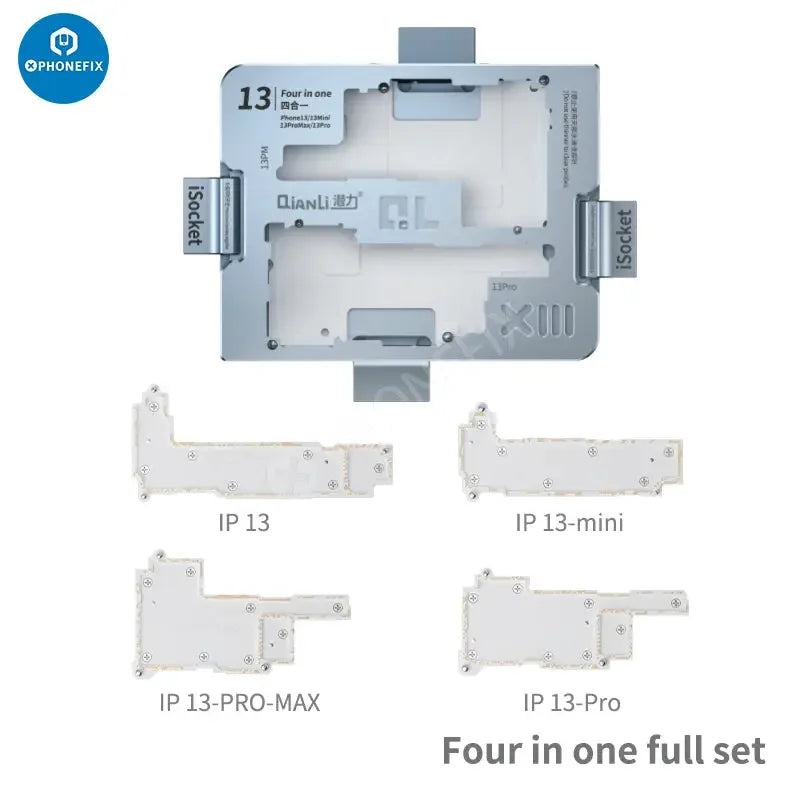 QianLi 4-in-1 iSocket 13 Series motherboard layered test fixture frame for PCB separation, by PHONEFIX, shown in the image.