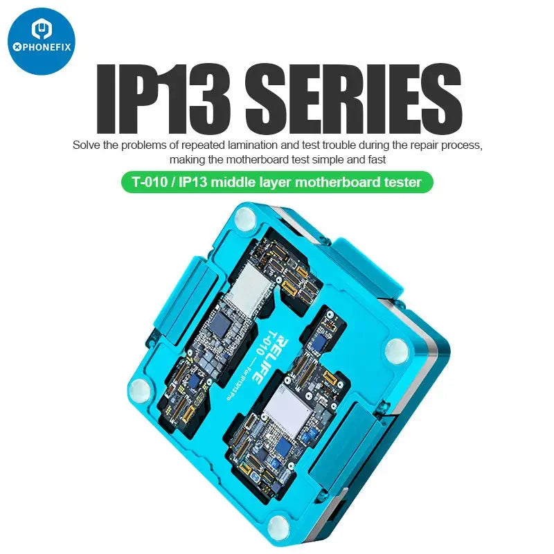 Relife T-010 4-in-1 middle motherboard tester for iPhone 13 Pro Max, PCB separating fixture by PHONEFIX, shown in the image.