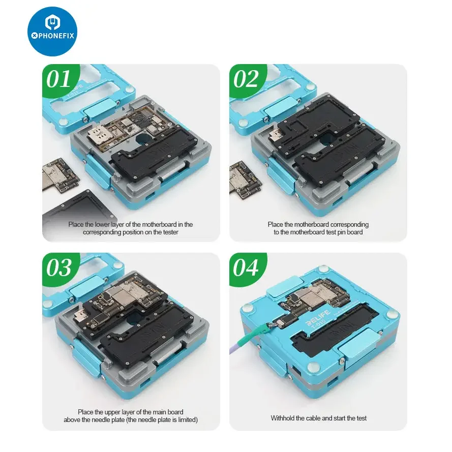 Relife T-010 4-in-1 middle motherboard tester fixture for iPhone 13 Pro Max, used for PCB separation and repair.
