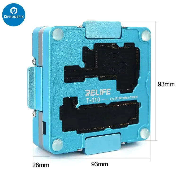 Relife T-010 4-in-1 middle motherboard tester for iPhone 13 Pro Max, PCB separating fixture by PHONEFIX, showing device components.