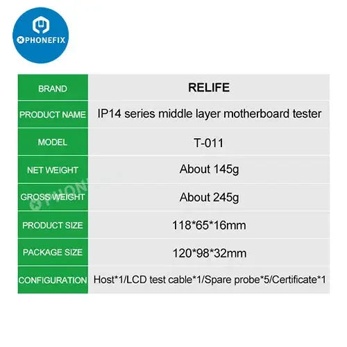 Testeur de carte mère de couche intermédiaire 4 en 1 Relife T-011 pour la série iPhone 14, utilisé comme dispositif de séparation de PCB par PHONEFIX.