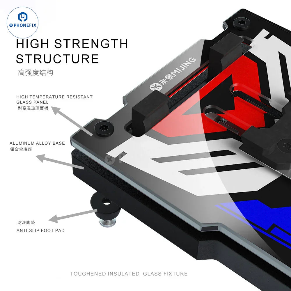 MiJing GK11-19 motherboard repair fixture with insulated glass, designed for PCB separation and precise electronic repairs.