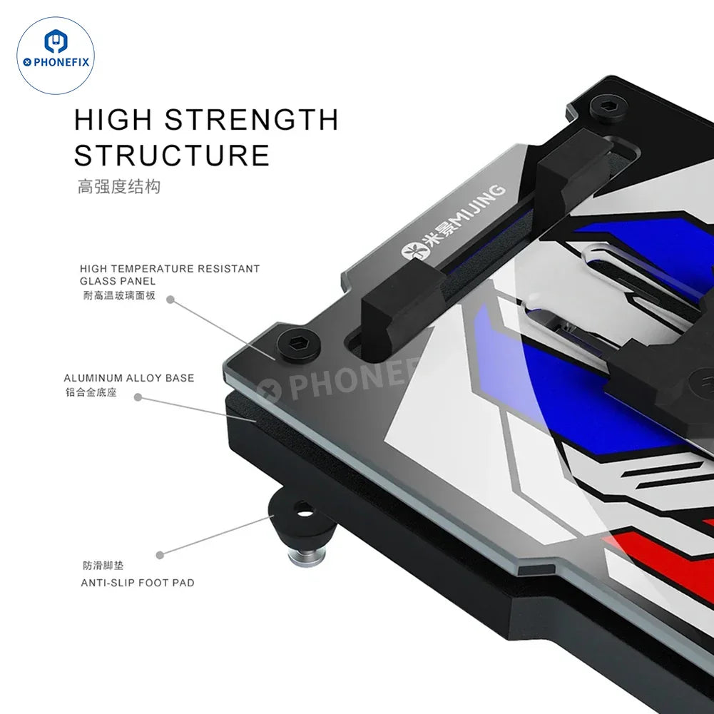 MiJing GK11-19 motherboard repair fixture with insulated glass for PCB separation, used for phone and CPU repair.
