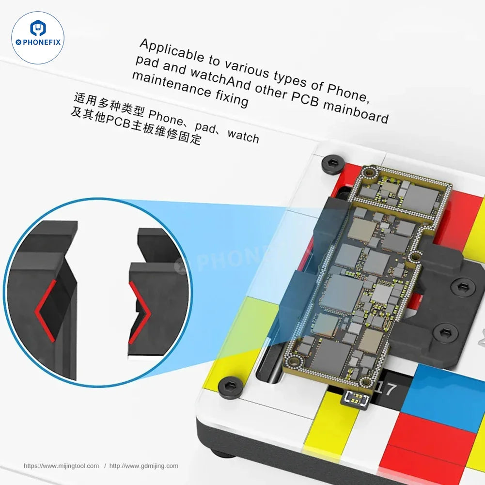 MiJing GK11-19 motherboard repair fixture with insulated glass, used for PCB separation and phone repair.