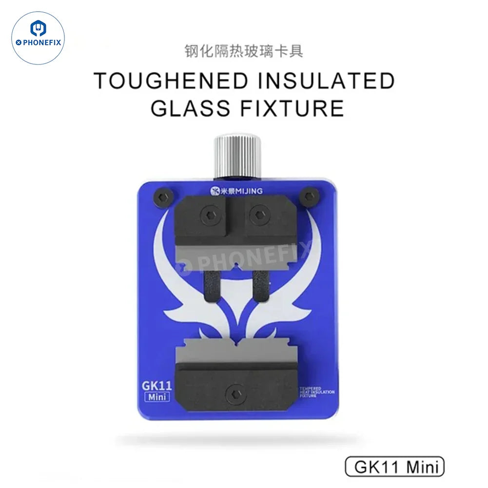 MiJing GK11-19 motherboard repair fixture with insulated glass for PCB separation, designed for precise phone repair.