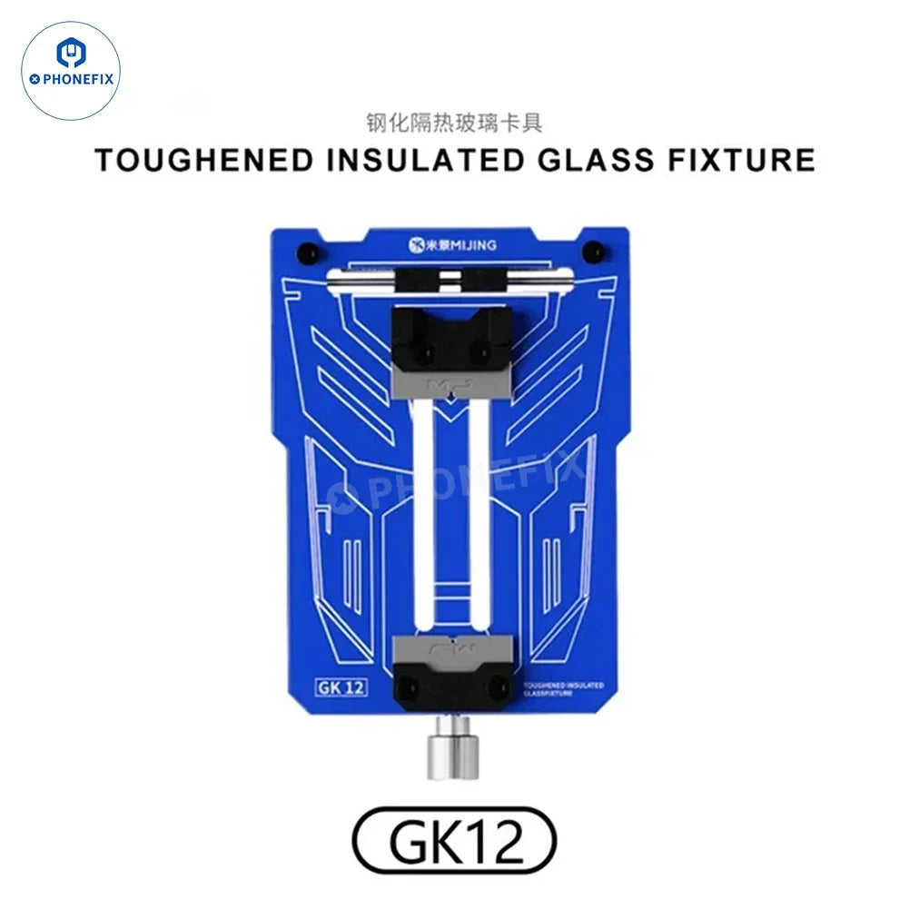 MiJing GK11-19 motherboard repair fixture with insulated glass for PCB separation by PHONEFIX, shown with fixture and glass in use.