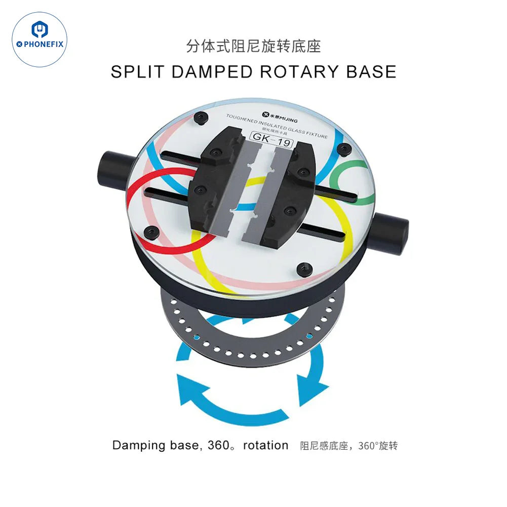 MiJing GK11-19 motherboard repair fixture with insulated glass for PCB separation, designed by PHONEFIX.
