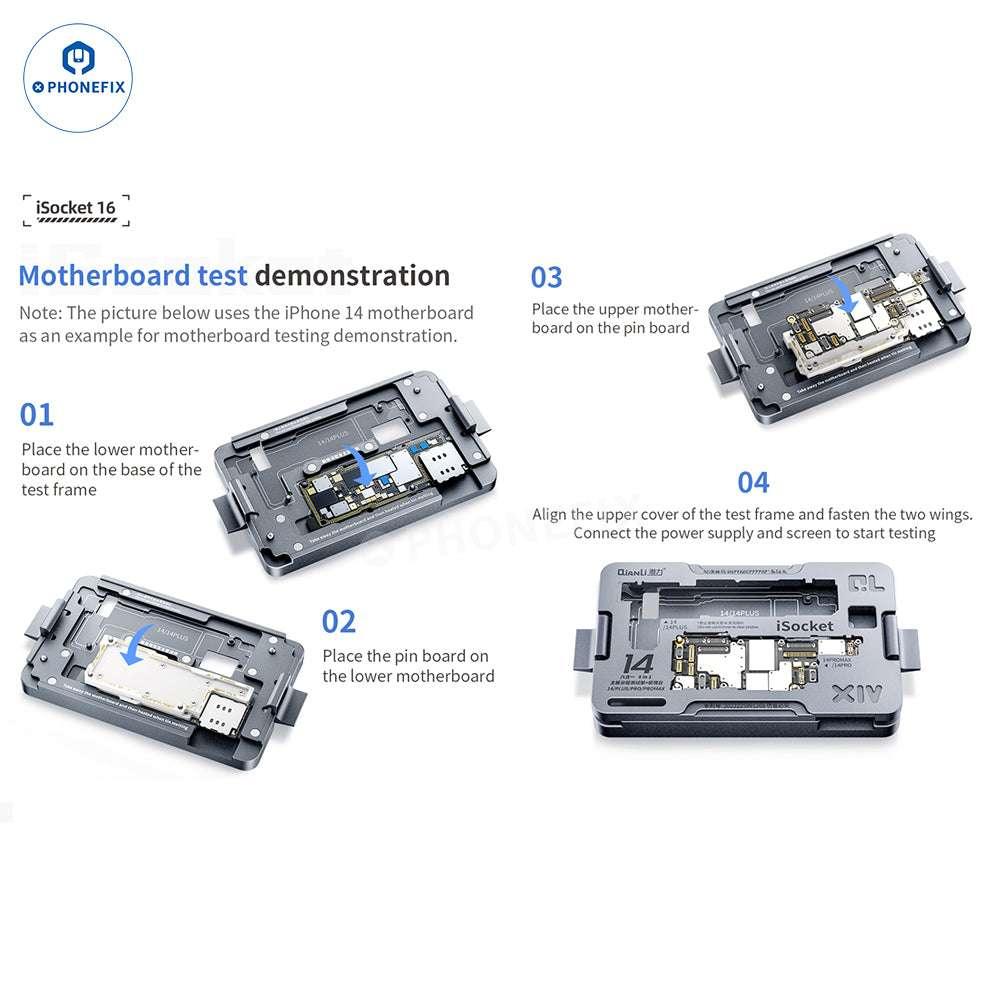 QianLi iSocket iPhone 16 series PCB separating fixture by PHONEFIX, showing layered test fixture for motherboard testing.