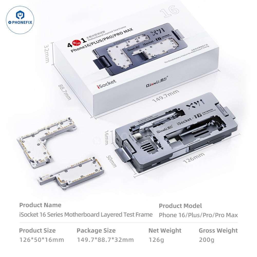 QianLi iSocket iPhone 16 Series 4-in-1 motherboard layered test fixture by PHONEFIX for PCB separation and testing.