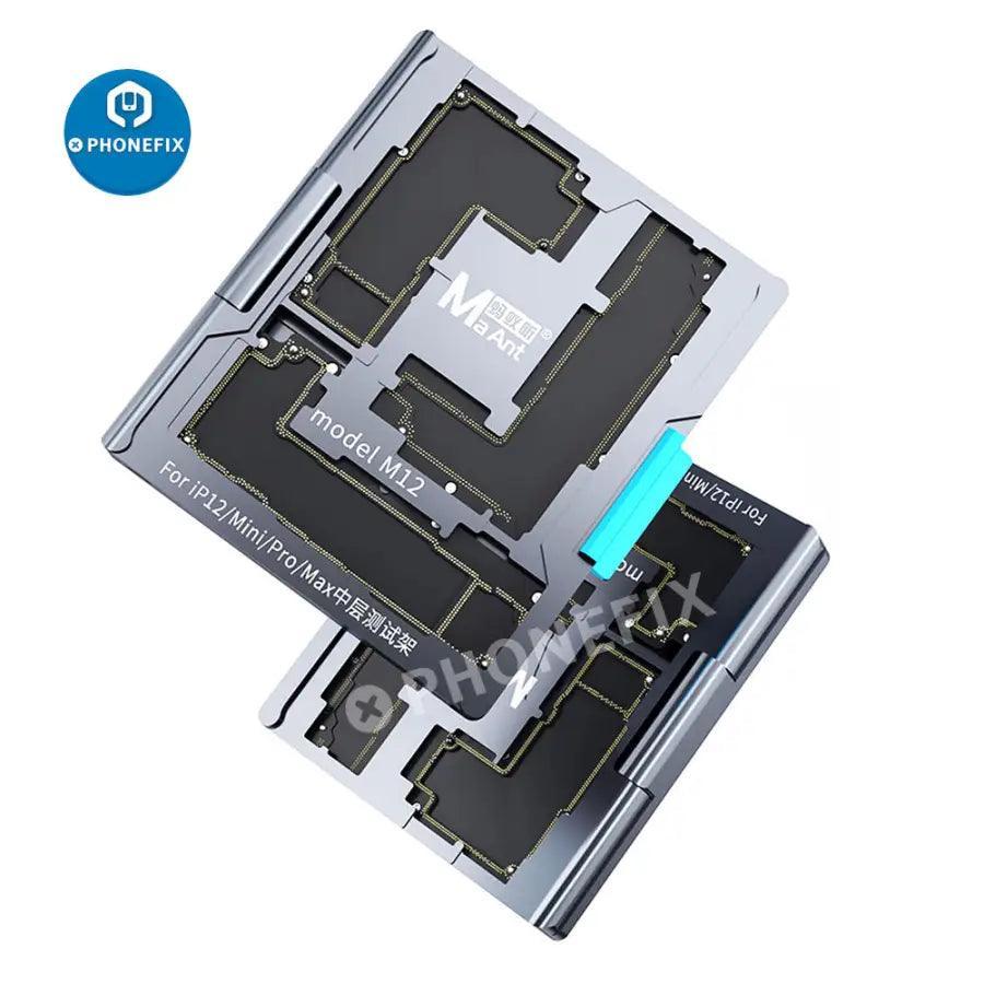 MaAnt motherboard layered test platform fixture for iPhone X to 12 Pro Max, used for PCB separation testing by PHONEFIX.