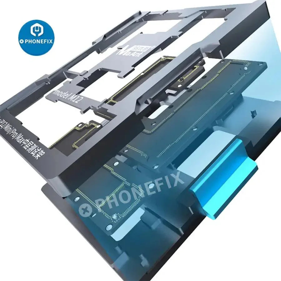 MaAnt Motherboard layered test platform fixture for iPhone X to 12 Pro Max, used for PCB separation and repair testing.