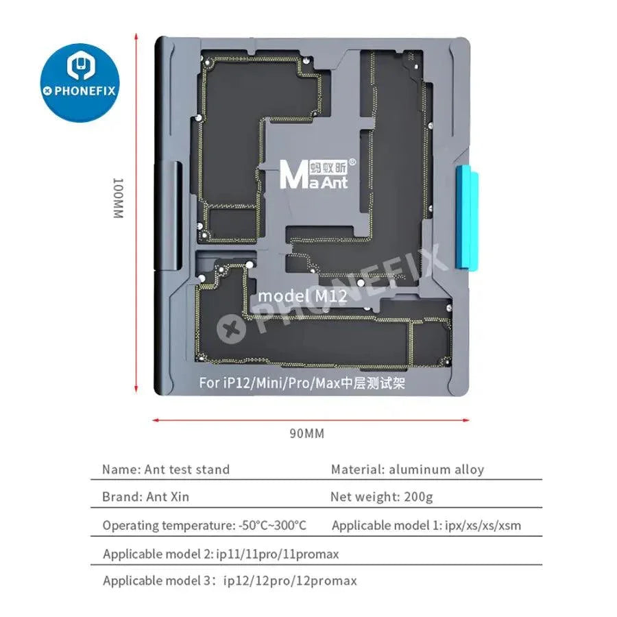 MaAnt motherboard layered test platform fixture for iPhone X-12 Pro Max, used for PCB separation and repair testing.