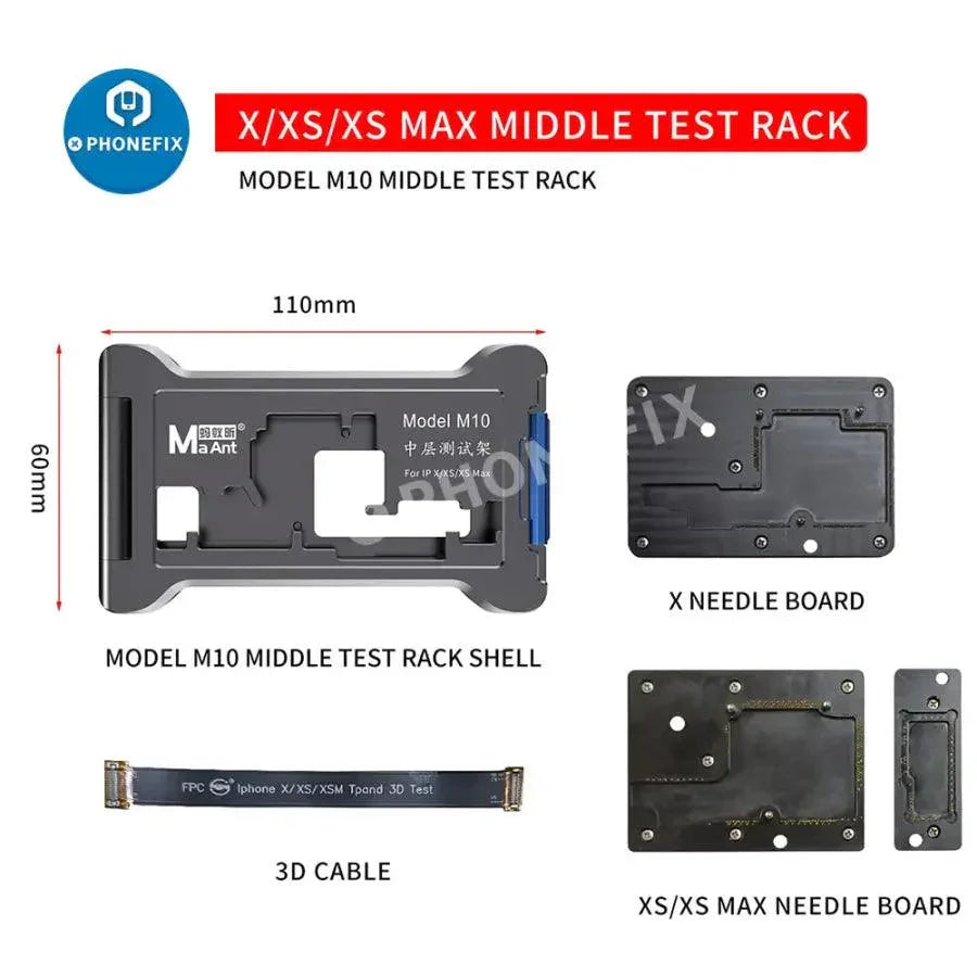 MaAnt motherboard layered test platform fixture for iPhone X to 12 Pro Max, used for PCB separation and testing by PHONEFIX.