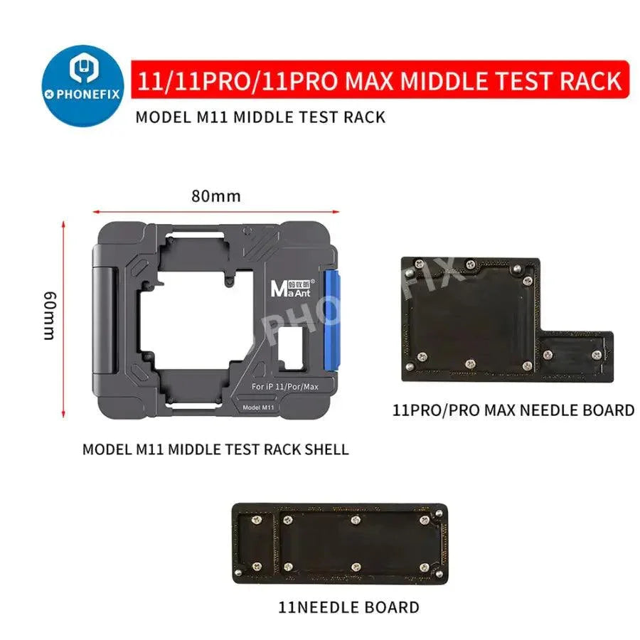 MaAnt motherboard layered test platform fixture for iPhone X to 12 Pro Max, used for PCB separation and repair testing.